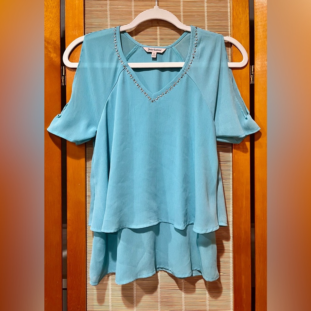 Juicy Couture sheer turquoise top with cold shoulders, size XS